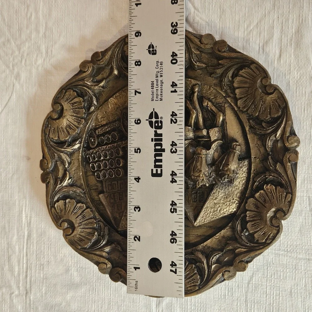 Vintage 3D Relief Brown Wood Resin Wall Plaque Horse Drawn Carriage Village 9